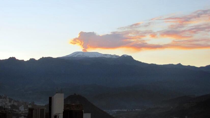 Nevado del Ruiz volcano in central Colombia, pictured in April 2023, emitting volcanic ash.
