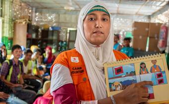 Mo mo from Myanmar is now living in Cox's Bazar refugee camp, Bangladesh where she volunteers with the Bangladesh Red Crescent as part of their cyclone preparedness programme