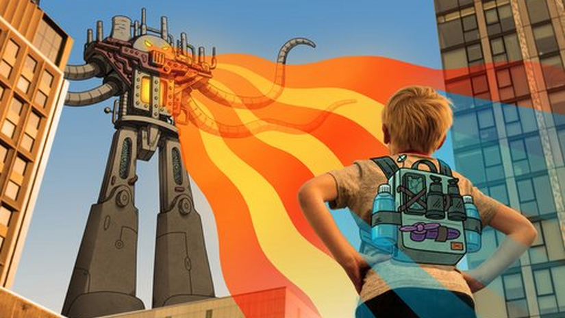 A young boy with a backpack full of water bottles and other supplies is shown in this work of digital art standing defiant against a towering, robotic alien creature. The artists wanted to show that people can stand up to heatwaves and climate change if we take action and prepare.