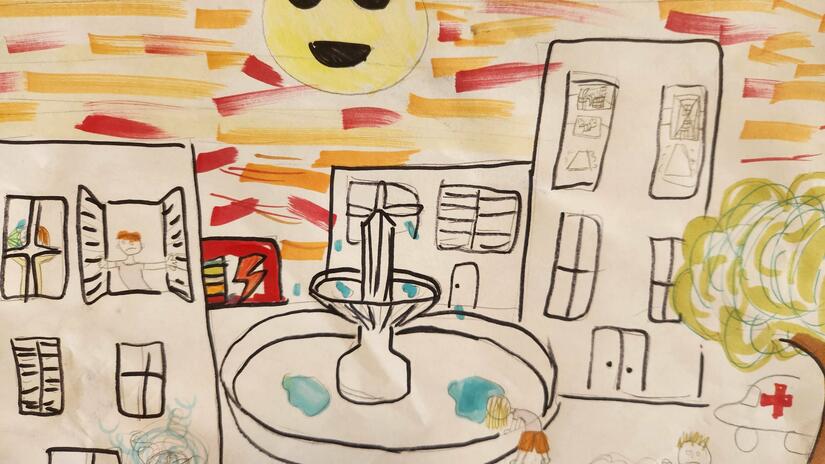 This painting, entitled ‘Fountain won’t save you’  from 11-year-old Indigo Thomas in Switzerland, shows a city square over which the sun is wearing dark glasses, a fountain appears to have dried up, and a Red Cross ambulance is arriving to take care of people fainting in the heat.