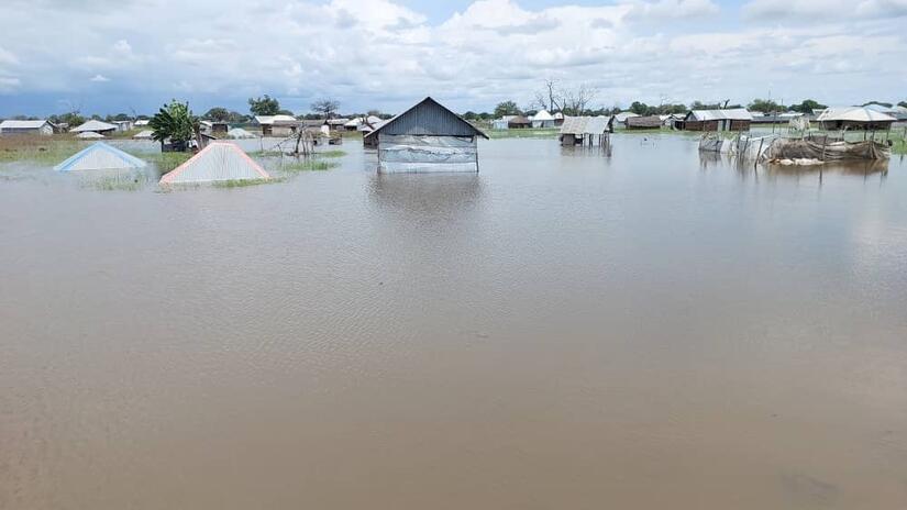 Houses in the town of Bor in Jonglei state, South Sudan, are covered in water following floods, one of many humanitarian challenges the South Sudan Red Cross has faced in recent years.  
